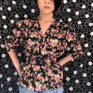 Vintage Black Floral Blouse w/ Belt